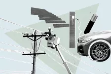 Illustration med en bil, elnät och solceller.