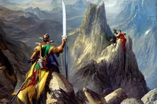 AI generated illustration of norse mythology with a norse god standing in the forefront of mountains. Illustration.