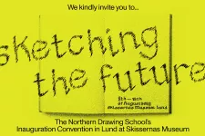 Svart text "Sketching the future" på gul bakgrund. 