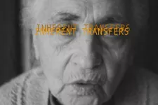 svartvitt foto på äldre kvinna med gul text "Inherent transfers" över hennes ögon