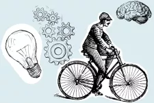 A light bulb, cogwheels, a person on a bicycle and a brain. Illustration. 