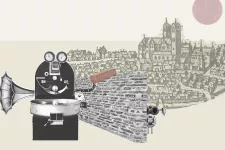 Illustration. Robot building brick wall with an illustration of medieval Lund in the background.