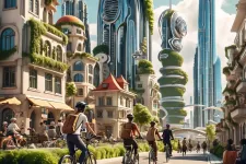 AI generated image of people biking in a futuristic city. Illustration.