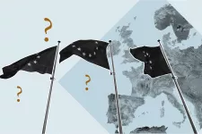 Illustration flaggor, Europakarta, frågetecken. 