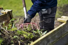 närbild på grejp gräver i kompostjord