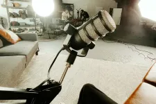 A photo of a microphone. Behind it a room with lights, sofas, and two people working at a desk.