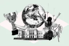 Universitetshuset, en jordglob, en pokal och en människa. Illustration