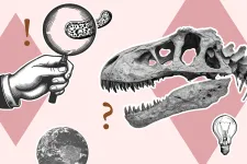 Illustration med rosa bakgrund, dinosaurieskelett, förstoringsglas och jordklot. 