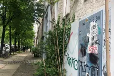 Photo of a sidewalk with graffiti on an old building, the sidewalk is lined with trees and plants. 