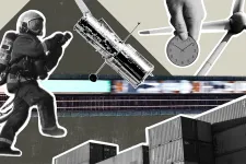 Illustration med symboler av person inom räddningstjänst, en klocka och containrar.