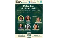 A green poster featuring the portrait photos of several speakers at an event.