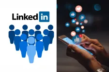 LinkedIn logo, people, hands, phone