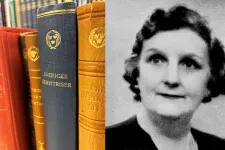 Bildkollage med bokryggar och ett svartvitt foto på en servitris