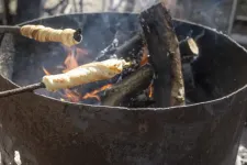 liten eld där det grillas två pinnbröd över