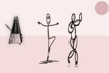 Illustration. Human and humanoid dancing. I the background is a metronome upholding the rythm.