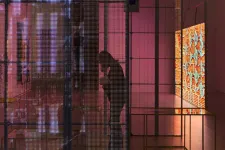 Konstverk av Amalie Smith, stort nät med små lysande lampor som tillsammans skapar bilder och olika mönster.