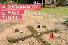 A big cross in a garden with small plants in it. Foto.