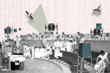 Illustration. Robots interacting with parliamentarian and deliberative democracy.