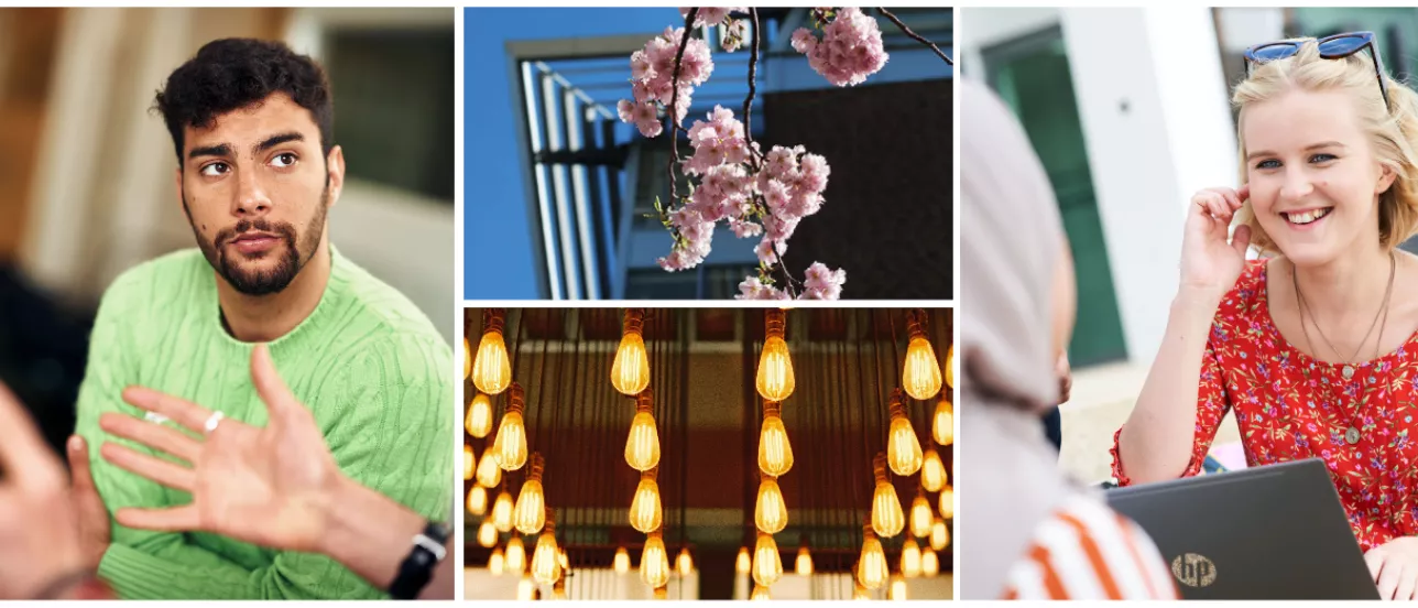 Två bilder med studenter och två detaljbilder på lampor och blommor. Collage. 
