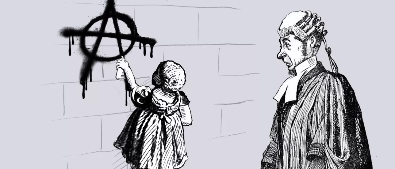 En flicka klottrar på en vägg och en äldre man tittar på. Illustration.