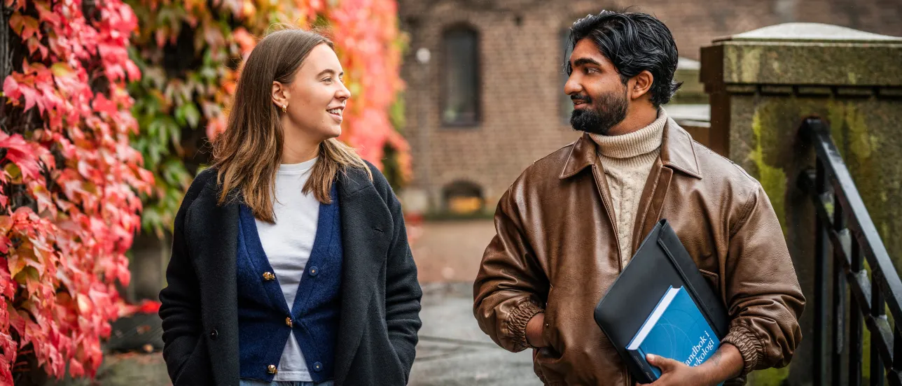 Två studenter går ner för en trappa utomhus.