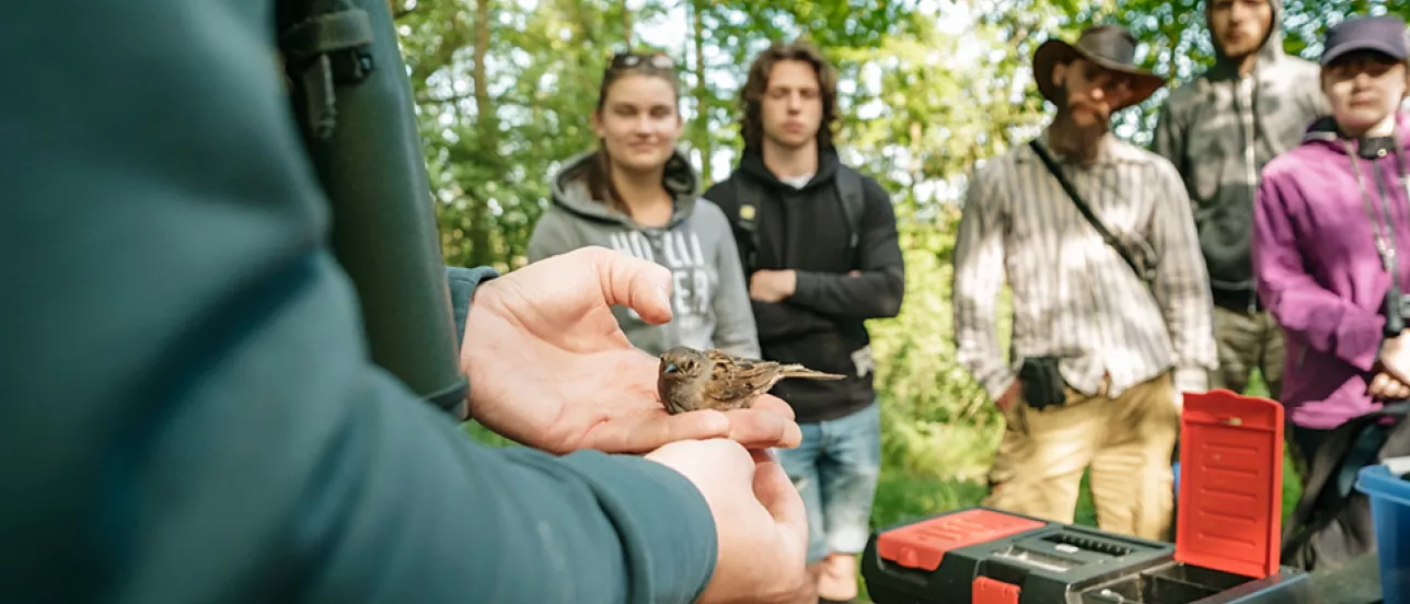 Grupp med personer. En person håller en fågel i handen. Foto. 