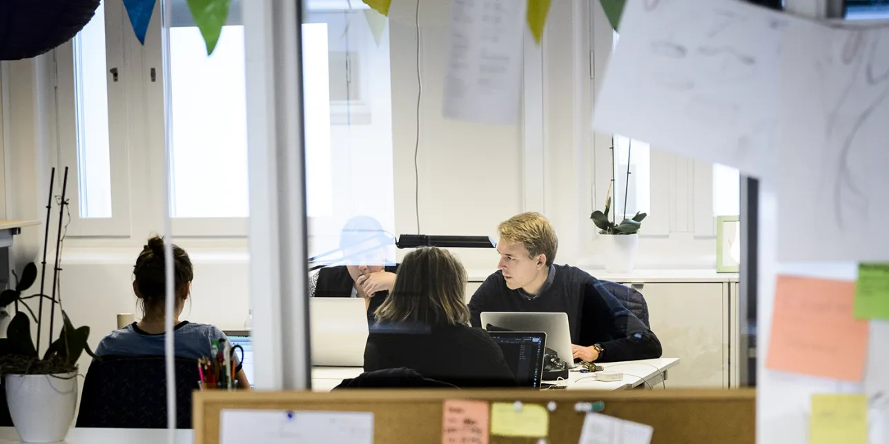 Studenter diskuterar i grupprum. Foto.