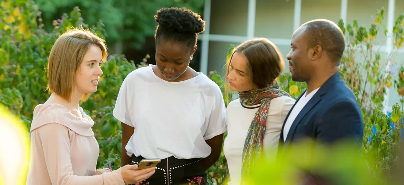 Internationella studenter diskuterar i grönska. Foto.