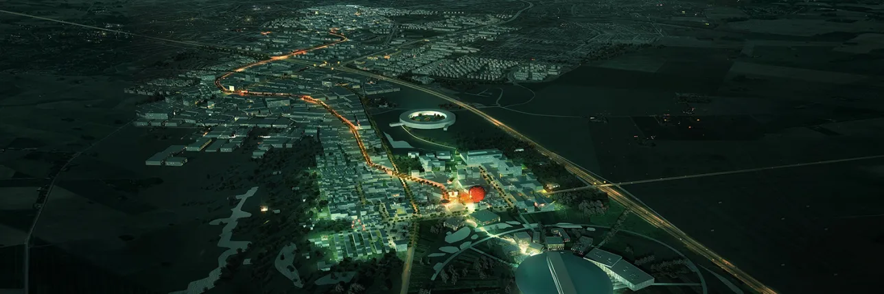 Lunds innovationsdistrikt nattetid. Illustration.