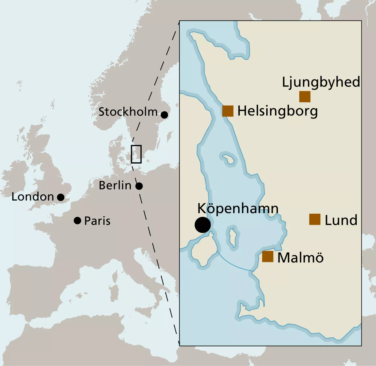Karta över delar av norra Europa som zoomar in Skåne och orterna Lund, Malmö, Helsingborg och Ljungbyhed. Illustration.