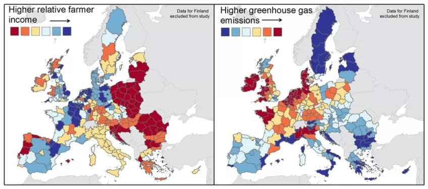 Jordbrukarnas inkomster i olika delar av EU (det vill säga total inkomst inklusive stöd) i relation till växthusgasutsläpp. Bild: Murray W. Scown
