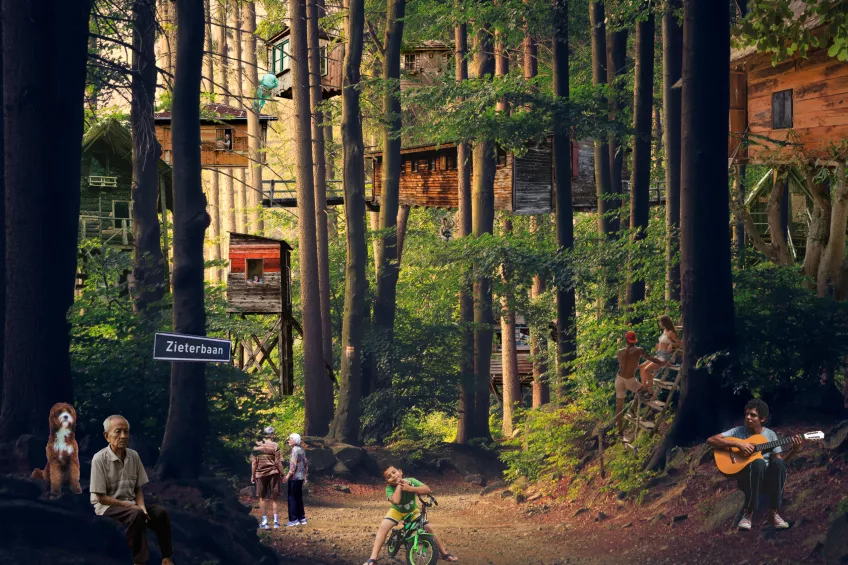 Hus i skogen i en framtida stad år 2045. Bild: Sjev van Gaalen.