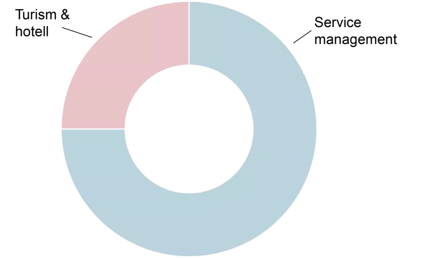 Cirkeldiagram som visar att programmet består till tre fjärdeldelar av kurser i Service management, och en fjärdedel av kurser i Hälsa. Illustration.
