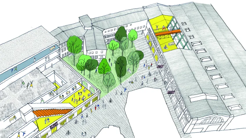 Skiss över Konstnärliga fakultetens framtida campus. Skiss