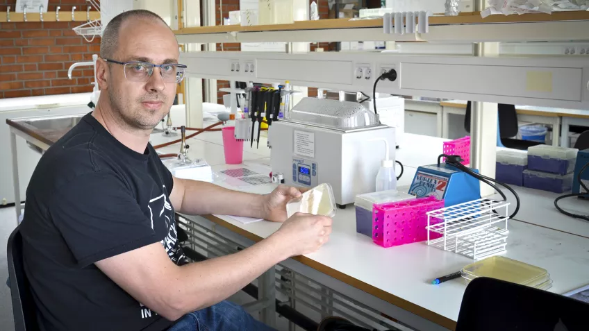 Vasili Hauryliuk i labbet som tillhör Biologiska institutionen vid Lunds universitet.