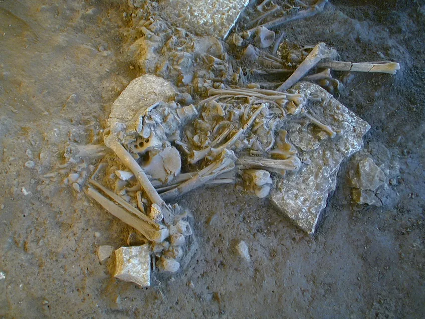 Ett helt skelett av en kvinna i 30-40 års åldern daterat till ca 3000-2900 år före Kristus.skelett av 